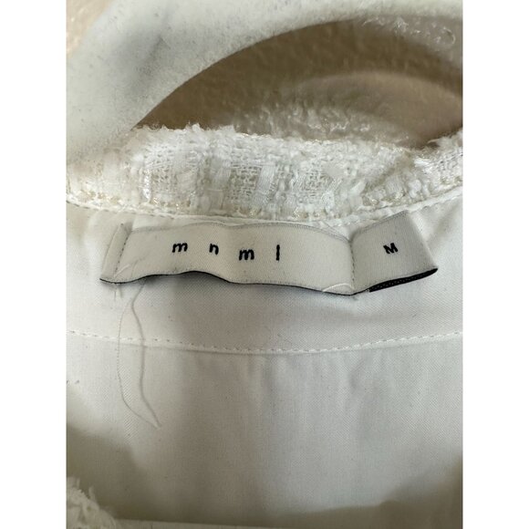 MNML‎ Womens white tan blouse medium long sleeve polyester collared button up - Picture 3 of 8